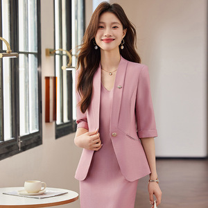 Women's Suit Set Collarless Jacket Midi Skirt Three Quarter Sleeve Polyester Anti-Wrinkle Office Lady Style - Product Image 4