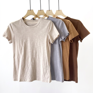 T-shirts pour femmes à manches courtes, unis, respirants, en coton tricoté 240 grammes, coupe classique, pour l'été - Product Image 2