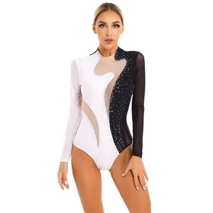 Kustom berlian imitasi wanita Leotard tipis Mesh lengan panjang Bodysuit untuk senam tarian akrobatik