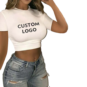 T-<span class=keywords><strong>shirt</strong></span> d'été décontracté à impression numérique pour femmes avec poche à manches courtes col en V tricoté chemisier teint en fil/décoration de logo supérieur - Product Image 1