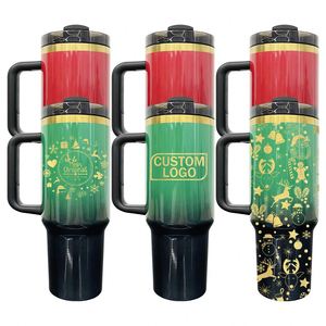 Vaso de acero inoxidable de 40 oz H2.0 con efecto degradado rojo y verde brillante, con base dorada, tapas y pajitas para envolturas UV DTF - Product Image 1