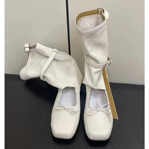 Black Genuine Leather Square Toe Ballet Flats <b>With</b> Adjustable Strap And <b>Bow</b> Decoration Slip-On Flat <b>Shoes</b> For Women - Product Image 3
