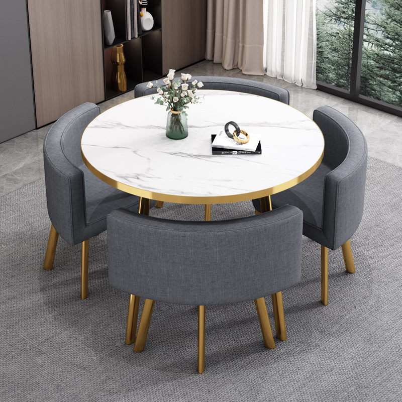 Stone-like pattern table+4 dark gray fabric chairs