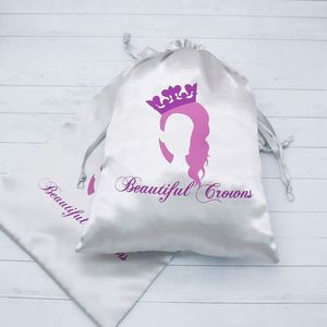 Luxury Custom logo Large Silver Satin Wig Bag <b>Drawstring</b> Satin Hair Packing <b>Pouch</b> - Product Image 1
