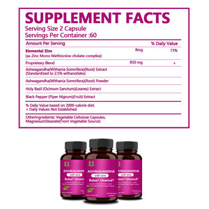 Cápsulas de Ashwagandha naturales puras OEM ODM, extracto de pimienta negra de zinc elemental, suplementos de raíz de Ashwagandha para aliviar el estrés - Product Image 2