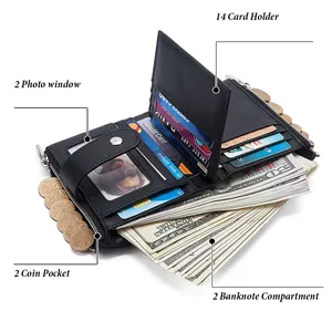 Factory Wholesale RFID Anti-Theft Purse T Tri-Fold Credit Card Holder Slots Multifunction Crazy Horse Leather Wallet