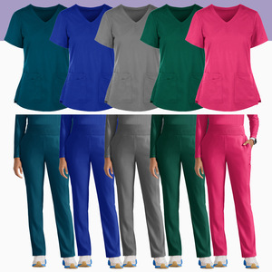 Women V-Neck Scrub Set Moisture Wicking Knitted Uniforms For Medical Use Rose Red Royal Blue Azure Blue Gray Dark Green - Product Image 1