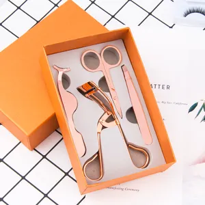 Private Label Stainless Steel Gift Box Lash Curler Kit 4 Piece Rose Gold Tweezer Eyelash Curler Set 2021