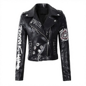 Fashion Women Studded Rivet Floral PU Leather Motorcycle <b>Jacket</b> Biker <b>Punk</b> Outerwear Black Spring Winter Windproof Waterproof - Product Image 3