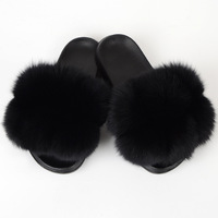 Pantoufles plates en fourrure de raton laveur à six boules de couleurs mélangées Sandales en fourrure de renard Pom Pom Slides pour femmes
