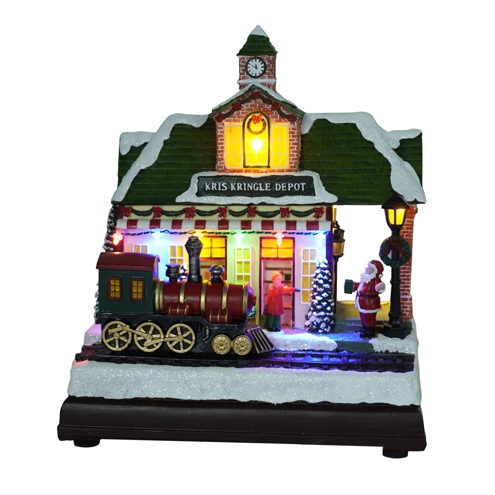 Wholesale Musical Handicrafts Led Plastic Indoor Christmas Decor Train Station Scene Christmas Village with Moving Train