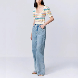 Top corto pequeño elegante de seda helada de punto floral a rayas con cuello cuadrado y hombros, camiseta de manga corta para mujer de verano - Product Image 2