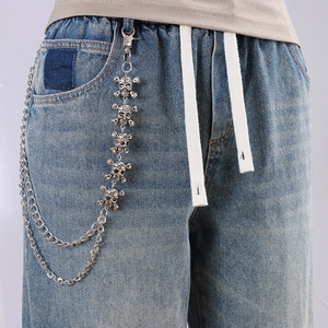 yueli Gothic <b>Skull</b> Pants Chain Gunmetal Double Chain Hip Hop Waist Chain Halloween Fashion Body Chain Zinc Alloy Skeleton Design - Product Image 2
