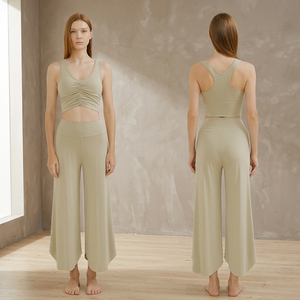 Conjunto de Yoga Sólido para Mujer de 2 Piezas: Top Corto con Cuello en V y Espalda Cruzada, Pantalones de Pierna Ancha de Cintura Alta, Transpirable, Spandex, Sin Costuras, Cortavientos Delantero - Product Image 2