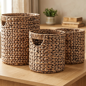 Paniers de rangement en jacinthe d'eau naturelle avec poignées, forme ronde, style rustique, ensemble de paniers multi-usages pour l'organisation - Product Image 2