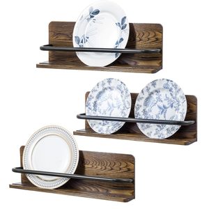 Présentoir <span class=keywords><strong>mural</strong></span> rustique <span class=keywords><strong>porte</strong></span>-assiettes en bois, étagère en bois et cintres décoratifs en métal noir pour la cuisine - Product Image 1