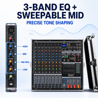 Console de mixage amplifiée 8 canaux EM-8ant 600W x 2 avec amplificateur de puissance, flight case, égaliseur 9 bandes, 24 DSP, USB, Bluetooth, alimentation fantôme 48V pour scène et église