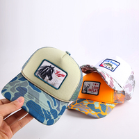 Gorro de camionero de malla con visera precurvada de 5 paneles personalizado, parches bordados con logotipo, gorras de camionero de espuma de camuflaje