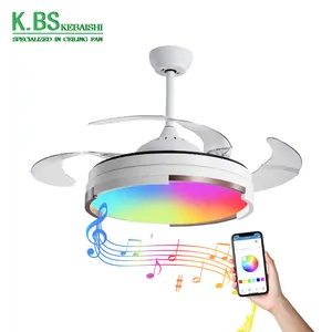 Indoor Music LED RGB LIght Retractable Electric 42 Inch 3 Abs Blades Ceiling Fan With Blue Tooth Speaker