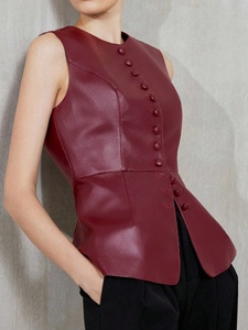 OEM ODM Custom <strong>Women</strong> Burgundy Round Neck Peplum Waist Fitted Leather Sleeveless Vest Slim Fit Seam Sheepskin Leather <strong>Gilet</strong> Top - Product Image 3