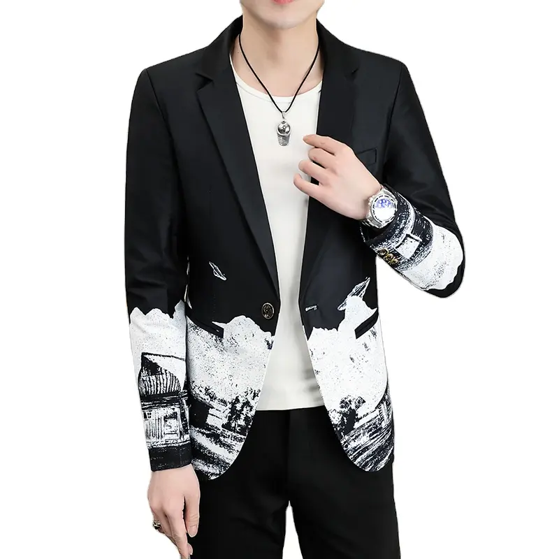 New Fashion Chinese Style Printed Single Suit Slim Fitted Floral Pattern Gradient Design Men Blazer Coat
