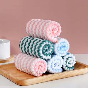 Cationic Wipe Coral Fleece Absorbant Striped Hand Towel Serviette de vaisselle sans huile Cuisine Nettoyage <span class=keywords><strong>Lingette</strong></span> Chiffon à récurer - Product Image 1