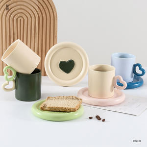 Nordic Heart Shape Ceramic Coffee Mug <b>Set</b> Off White Green Cylinder <b>Saucer</b> For Afternoon <b>Tea</b> - Product Image 5