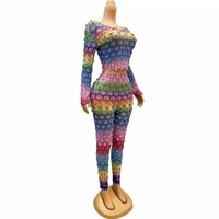 Ensemble 2 pièces sexy pour femme : haut transparent et pantalon orné de grands strass colorés – Idéal pour la danse, les soirées et les célébrations d'anniversaire