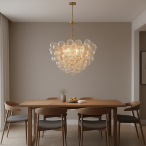 Adjustable Height Gold Iron Pendant <b>Light</b> Chandelier 23.6 Inch Clear Glass Globe Shade For Living Room <b>Dining</b> Kitchen - Product Image 2