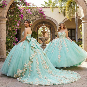 Gaun Pesta Jancember LSMU152 Hijau Mint Model Ball Gown Tanpa Tali dengan Hiasan Bunga 3D untuk Quinceanera dan Pernikahan dengan Pita di Belakang - Product Image 1