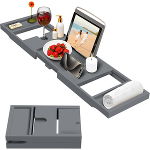 Plateau de bain extensible en bambou avec support pour tablette, gris, étanche, avec support pour téléphone - Product Image 1