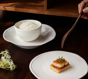 Bulk Custom Beaded Rim White Ceramic Dinnerware Set, Pearl Edge Plates & Rice Bowls for Wedding Banquet & Hotel Restaurant - Product Image 3