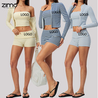 Ensemble de yoga 3 pièces OEM écologique côtelé rayé col montant manches longues short veste Spandex/Polyester respirant léger