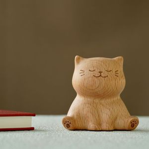 Wood Lucky Cat Figurine Compact Feng Shui Desktop <b>Ornament</b> Home Office Study Decor Housewarming Gift Single Piece - Product Image 1