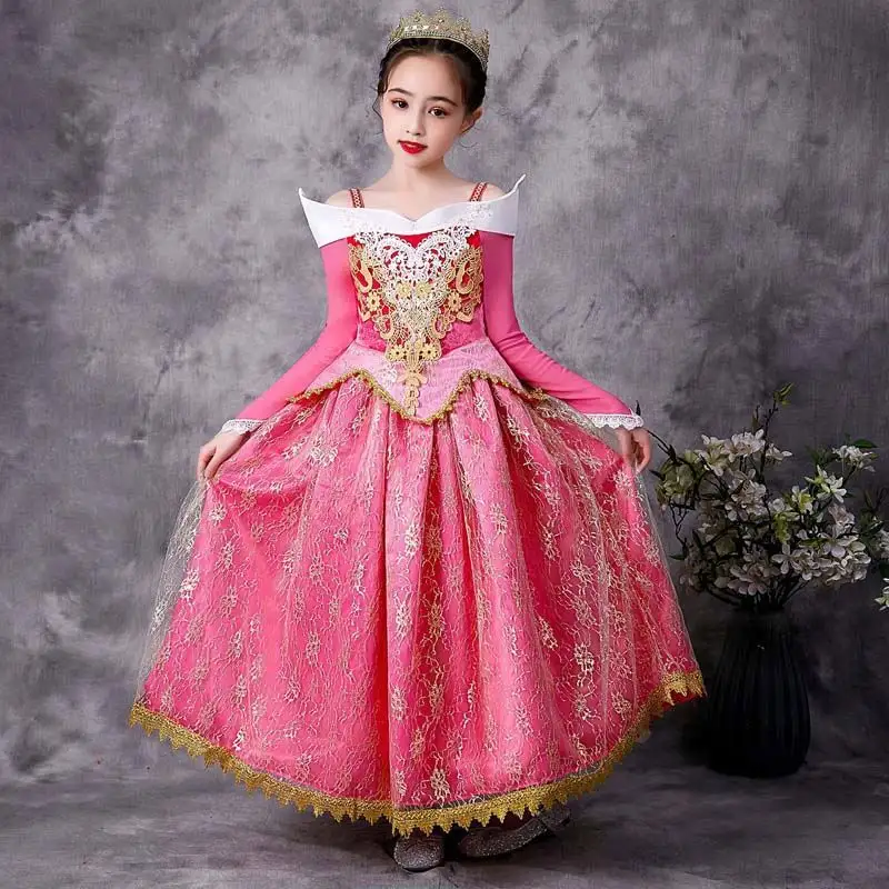 Gaun putri anak perempuan 2024 kostum putri merah muda Kecantikan tidur untuk anak perempuan 3-10Y