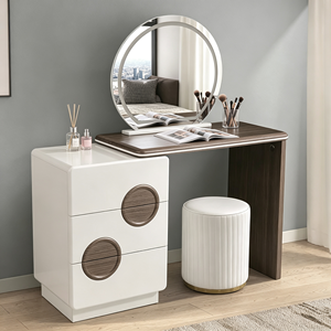 Ensemble de coiffeuse moderne avec miroir LED rond, armoire blanche et tabouret rayé, table de maquillage pour chambre à coucher - Product Image 4