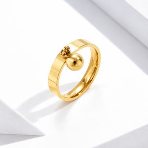 Gold Tone Ball <b>Charm</b> Ring Polished Band with Spherical Dangle Pendant Minimal Statement Jewelry - Product Image 1