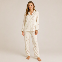 Ensemble de pyjama côtelé texturé double face 100 % coton pour femme, motif cœur mignon, manches longues avec passepoil contrastant, couture latérale, tenue d'intérieur