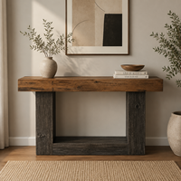 Table console convertible moderne en bois massif de 63 pouces, base en U, design étroit et long, pour salon, entrée, style vintage