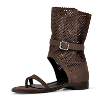 Sandales plates pour femmes à découpe ajourée, à la hauteur du mollet, avec bride à boucle métallique, style gladiateur, bout carré et côtés ouverts