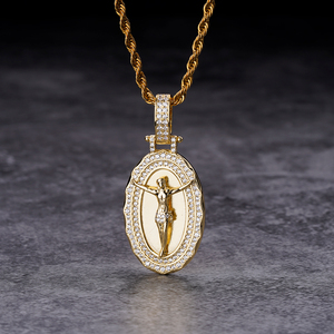 Pendentif Jésus <span class=keywords><strong>de</strong></span> forme ovale plaqué or véritable Hip Hop Heavy Christ Cross 14K - Product Image 1