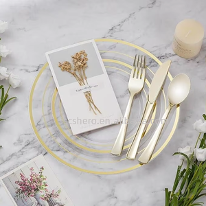 Juego de Vajilla Desechable Dorado Transparente, Platos de Plástico de Grado Alimenticio a Prueba de Fugas para Fiestas, Bodas y Cumpleaños, Estilo Clásico - Product Image 3