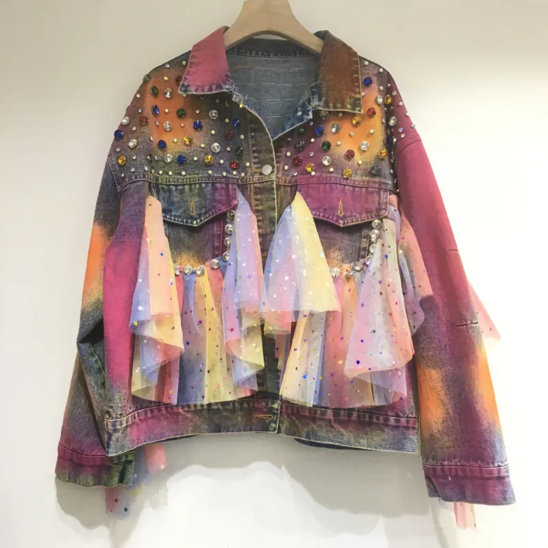 Macheda-veste nouvelle couleurs assortie pour femmes, manteau en Jean, maille strass et perles, ample et organisation, printemps 2022