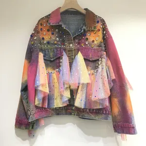 2022 Spring Fashion New Color Matching Jacket Women Mesh Rhinestone Beaded Coat Lady Loose Distressed Jean Coat