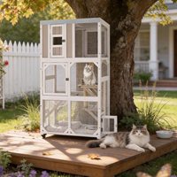 Enclos mobile pour chats d'extérieur en bois, multi-niveaux, avec roues, 3 plateformes, toit imperméable, abri gris pour félins