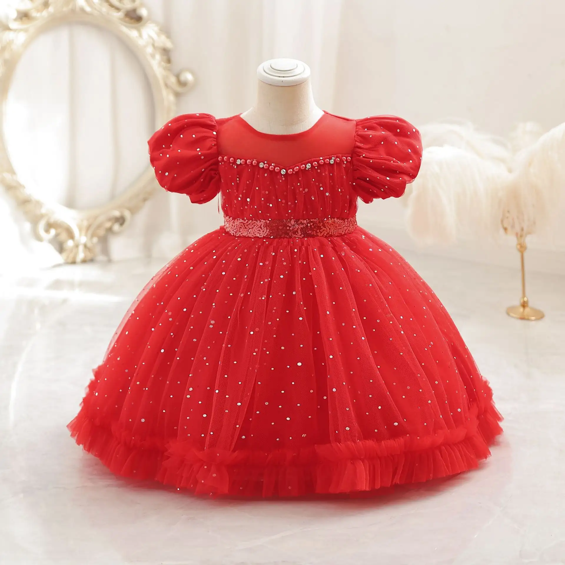 Pearl Princess Wedding Dress Wholesale Baby Kids Party Girl Dresses Clothes Parti Girl Dress