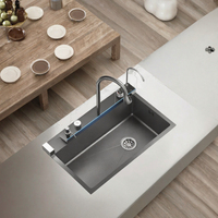 Évier de cuisine multifonction intelligent en acier inoxydable 304 à cuve unique, à montage sous plan, fait main, avec robinet cascade au design moderne - NOUVEAU
