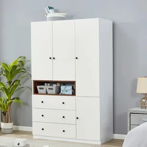 Деревянный белый шкаф с 3 дверями шкаф для шкафа с подвесным стержнем и ящиками для спальни домашний офис
