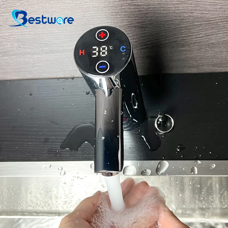 Robinet mitigeur de lavabo noir intelligent à température numérique pour salle de bain