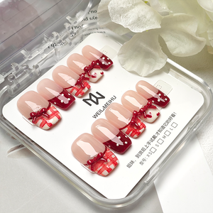 <span class=keywords><strong>Uñas</strong></span> Postizas Acrílicas <span class=keywords><strong>Cortas</strong></span> Cuadradas, 10 Piezas, Color Rosa Nude Brillante con Lazo <span class=keywords><strong>Rojo</strong></span> <span class=keywords><strong>Vino</strong></span> y Diseño a Cuadros, <span class=keywords><strong>Uñas</strong></span> Adhesivas de Lujo - Product Image 2